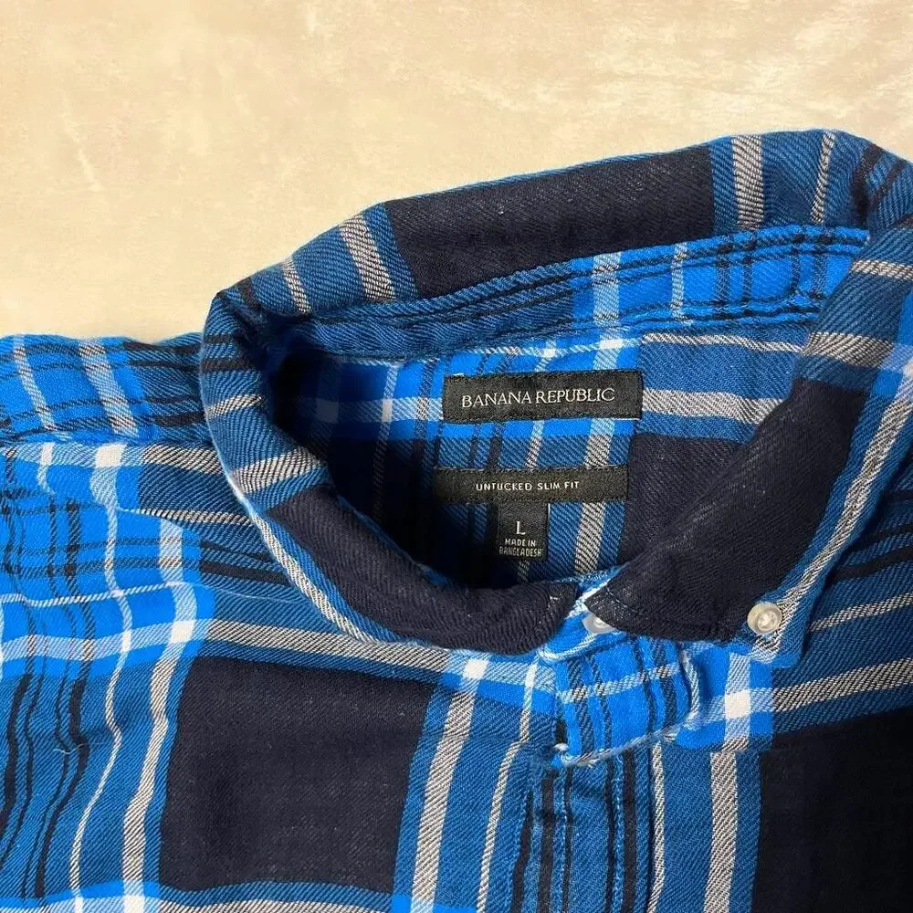 Banana Republic 2 Layer Flannel Untucked Slim Fit Men's L Blue & White Nautical - Picture 3 of 9